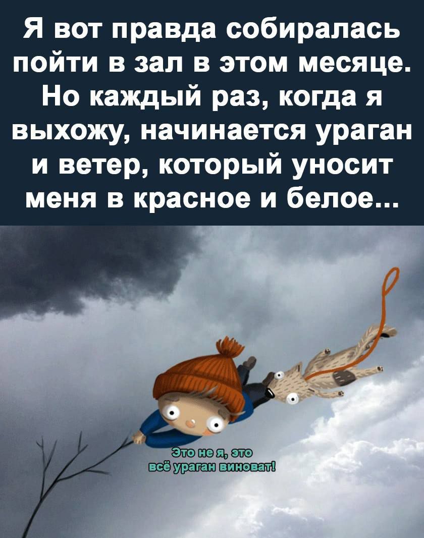 Я вот правда собиралась пойти в зал в этом месяце Но каждый раз когда я выхожу начинается ураган и ветер который УНООИТ меня в красное и белое