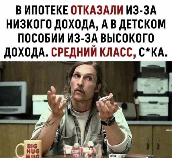 В ИПОТЕКЕ ОТКАЗАЛИ ИЗ ЗА НИЗКОГО дОХОдА А В ДЕТСКОМ ПОСОБИИ ИЗ ЗА ВЫСОКОГО дОХОдА СРЕДНИЙ КЛАСС СКА