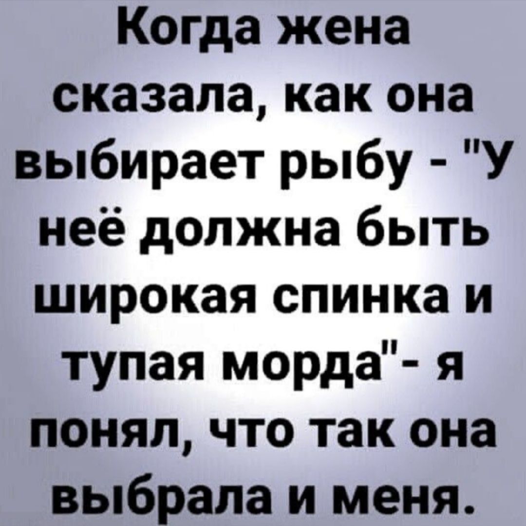 Когда жена сказала как она выбирает рыбу У неё должна быть широкая спинка и тупая морда я понял что так она выбрала и меня