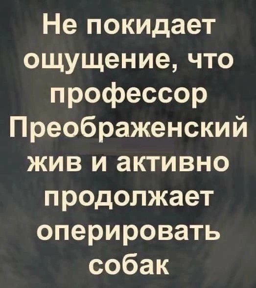 Не ПОКИдаеТ ощущение что профессор Преображенский жив и активно продолжает оперировать собак