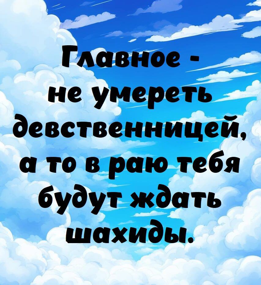 Гдавное не умереть девственницей а то в раю тебя будут ждать шахиды