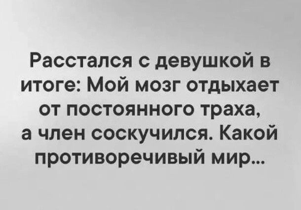 Расстался с девушкой в итоге Мой мозг отдыхает от постоянного траха а член соскучился Какой противоречивый мир