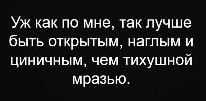 Уж как по мне так лучше быть открытым наглым и циничным чем тихушной мразью