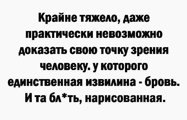 Крайне тяжело даже практически невозможно доказать свою точку зрения человеку у которого единственная извидииа бровь И та 6нть нарисованная