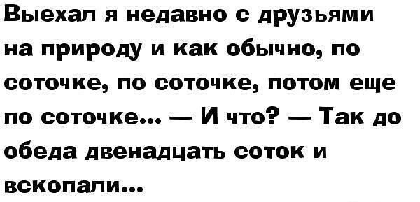 Выехал я недавно с друзьями на природу и как обычно по соточке по соточке потом еще по сеточка И что Так до обеда двенадцать соток и вскопапи