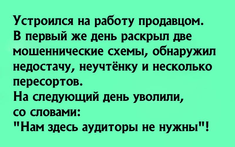 Устроился на работу продавцом В первый же день раскрьш две мошеннические схемы обнаружил недостачу неучтёнку и несколько пересортов На следующий день уволили со словами Нам здесь аудиторы не нужны