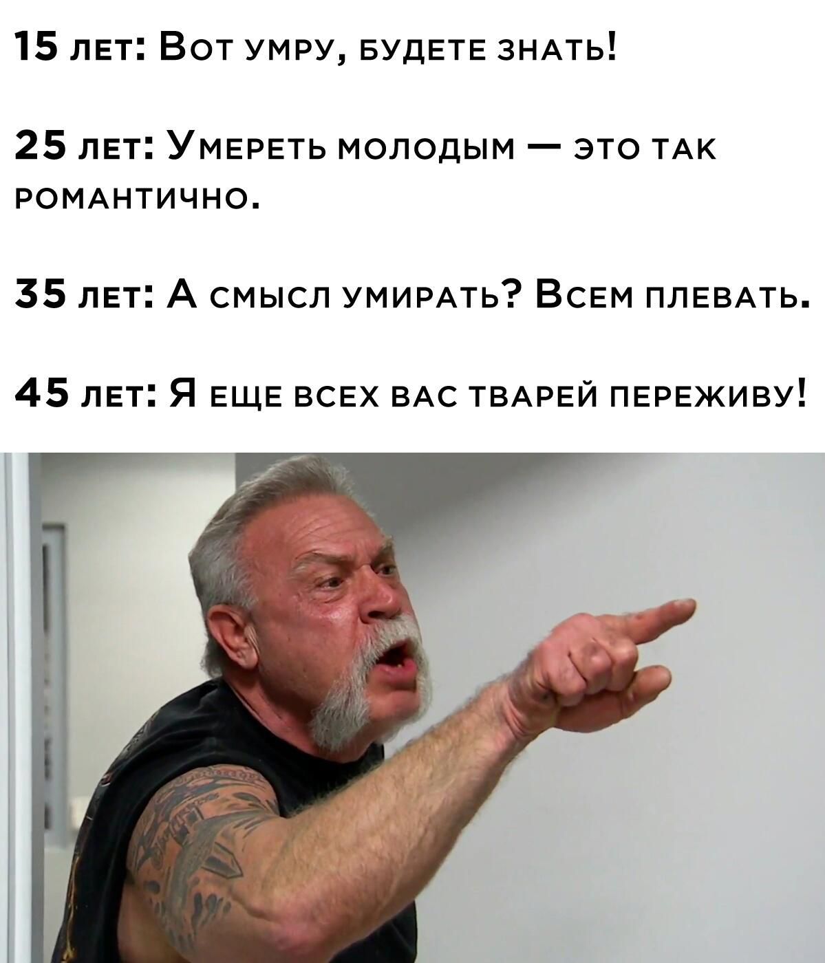 15 лет Вот умру БУДЕТЕ знАть 25 лет Умереть молодым это ТАК РОМАНТИЧНО 35 лет А смысл УМИРАТЬ Всем ППЕВАТЬ 45 лет Я еще всех ВАС ТВАРЕЙ переживу
