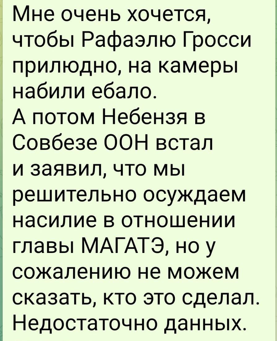 Мне очень хочется чтобы Рафаэлю Гросси прилюдно на камеры набили ебало А потом Небензя в Совбезе ООН встал и заявил что мы решительно осуждаем насилие в отношении главы МАГАТЭ но у сожалению не можем сказать кто это сделал Недостаточно данных