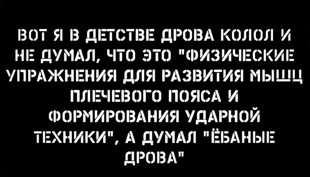 ВОТ Я В ДЕТСТВЕ ДРОВА КОЛОЛ И НЕ ДУМАЛ ЧТО ЭТО ФИЗИЧЕСКИЕ УПРАЖНЕНИЯ ДЛЯ РАЗВИТИЯ МЫШЦ ПЛЕЧЕВОГО ПОЯСА И ФОРМИРОВАНИЯ УДАРНОЙ ТЕХНИКИ А ДУМАЛ ЁБАНЫЕ ДРОВА