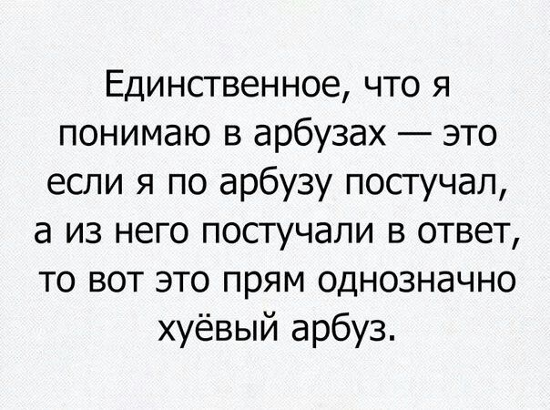 Единственное что я понимаю в арбузах это если я по арбузу постучал а из него постучали в ответ то вот это прям однозначно хуёвый арбуз