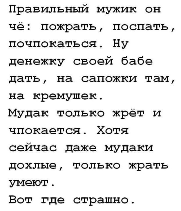 Правильный мужик он чё пожрать поспать почпокаться Ну денежку своей бабе дать на сапожки там на кремушек Мудак только жрёт и чпокается Хотя сейчас даже мудаки дохлые только жрать умеют Вот где страшно