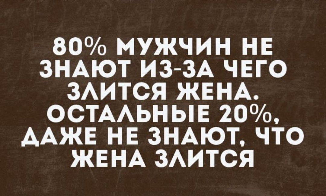80 МУЖЧИН НЕ ЗНАЮТ ИЗ ЗА ЧЕГО ЗЛИТСЯ ЖЕНА ОСТАЛЬНЫЕ 20 АДАЖЕ НЕ ЗНАЮТ ЧТО ЖЕНА ЗЛИТСЯ