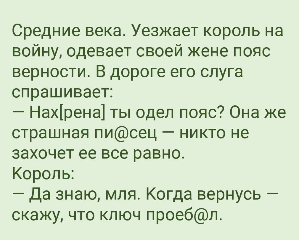 Средние века Уезжает король на войну одевает своей жене пояс верности В дороге его слуга спрашивает Нахрена ты одел пояс Она же страшная писец никто не захочет ее все равно Король Да знаю мля Когда вернусь скажу что ключ проебл