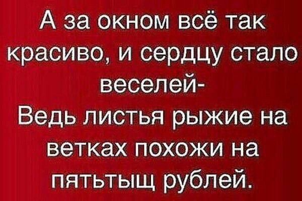 А за окном всё так красиво и сердцу стало веселей Ведь листья рыжие на ветках похожи на пятьтыщ рублей