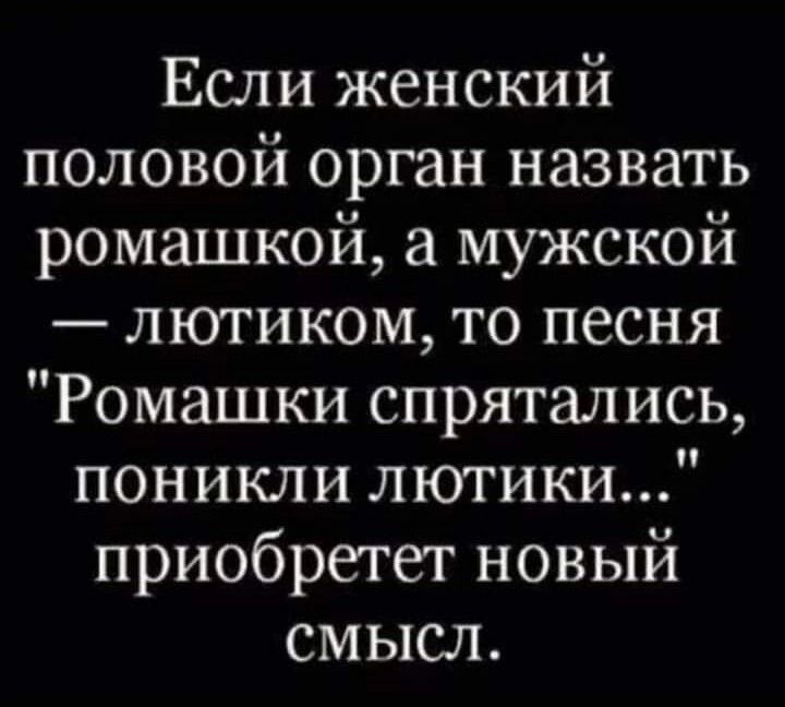 Если женский половой орган назвать ромашкой а мужской лютиком то песня Ромашки спрятались поникли лютики приобретет новый смысл