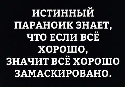 ИСТИННЫЙ ПАРАНОИК ЗНАЕТ ЧТО ЕСЛИ ВСЁ ХОРОШО ЗНАЧИТ ВСЁ ХОРОШО ЗАМАСКИРОВАНО