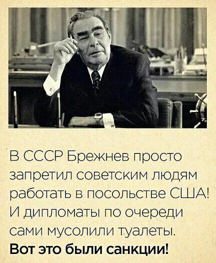 В СССР Брежнев просто запретил советским людям работать в посольстве США И дипломаты по очереди сами мусолили туалеты Вот это были санкции