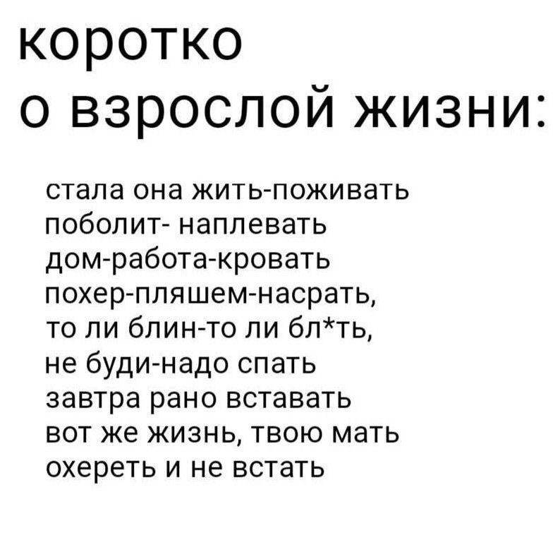 коротко о взрослой жизни стала она жить поживать поболит наплевать дом работа кровать похер пляшем насрать то ли блин то ли блть не буди надо спать завтра рано вставать вот же жизнь твою мать охереть и не встать