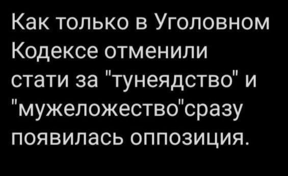 Как только в Уголовном Кодексе отменили стати за тунеядство и мужеложествосразу появилась оппозиция