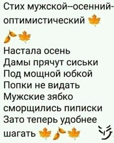 Стих мужской осенний оптимистический Эй Настала осень Дамы прячут сиськи Под мощной юбкой Попки не видать Мужские зябко сморщились пиписки Зато теперь удобнее шагать С