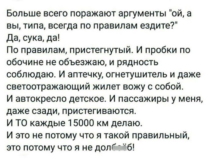 Больше всего поражают аргументы ой а вы типа всегда по правилам ездите Да сука да По правилам пристегнутый И пробки по обочине не объезжаю и рядность соблюдаю И аптечку огнетушитель и даже светоотражающий жилет вожу с собой И автокресло детское И пассажиры у меня даже сзади пристегиваются И ТО каждые 15000 км делаю И это не потому что я такой прави