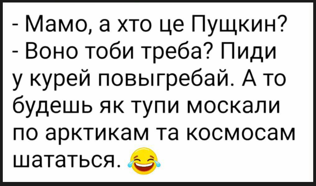 Мамо а хто це Пущкин Воно тоби треба Пиди у курей повыгребай А то будешь як тупи москали по арктикам та космосам шататься