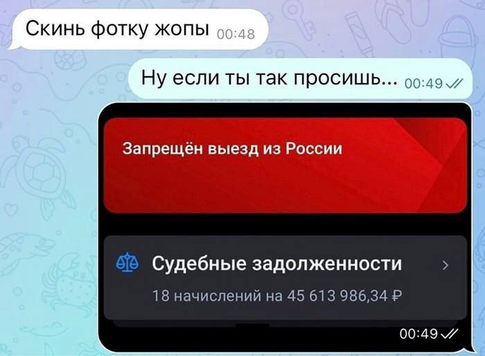 Скинь фотку жопы Ну если ты так просишь Судебные задолженности 18 начислений на 45 613 98634 Р 0049