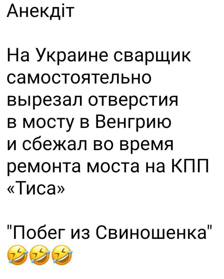 Анекдт На Украине сварщик самостоятельно вырезал отверстия в мосту в Венгрию и сбежал во время ремонта моста на КПП Тиса Побег из Свиношенка оо