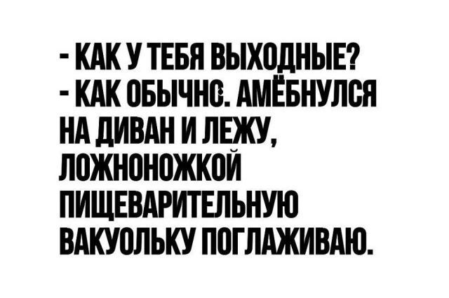 КАК У ТЕБЯ ВЫХОДНЫЕ КАК ОБЫЧНС АМЁБНУЛСЯ НА ДИВАН И ЛЕЖУ ЛОЖНОНОЖКОЙ ПИЩЕВАРИТЕЛЬНУЮ ВАКУОЛЬКУ ПОГЛАЖИВАЮ