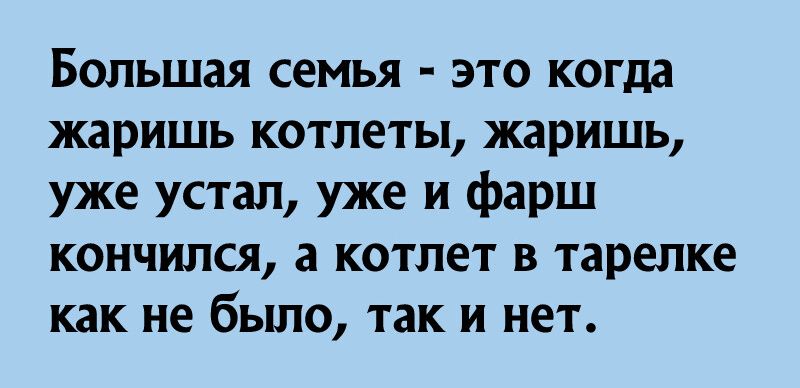 Большая семья это когда жаришь котлеты жаришь уже устал уже и фарш кончился а котлет в тарелке как не было так и нет