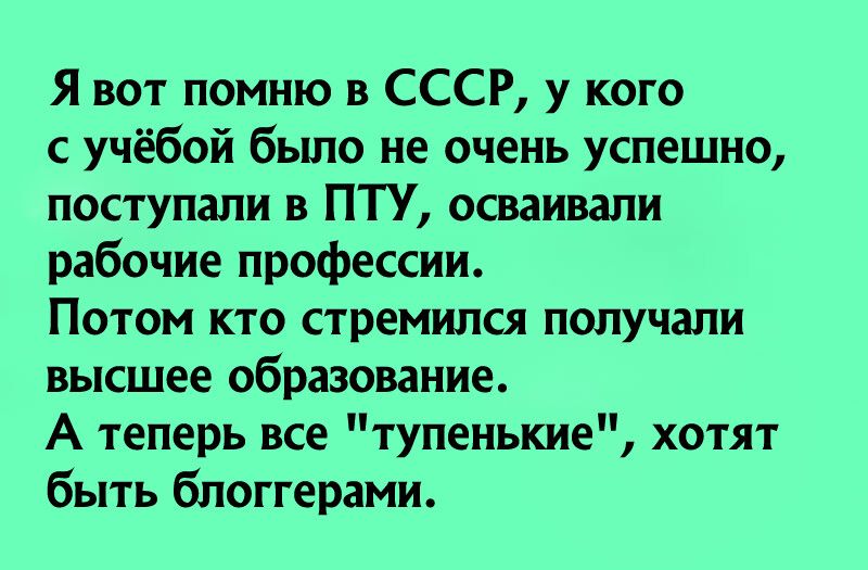 Я вот помню в СССР у кого с учёбой было не очень успешно поступали в ПТУ осваивали рабочие профессии Потом кто стремился получали высшее образование А теперь все тупенькие хотят быть блоггерами