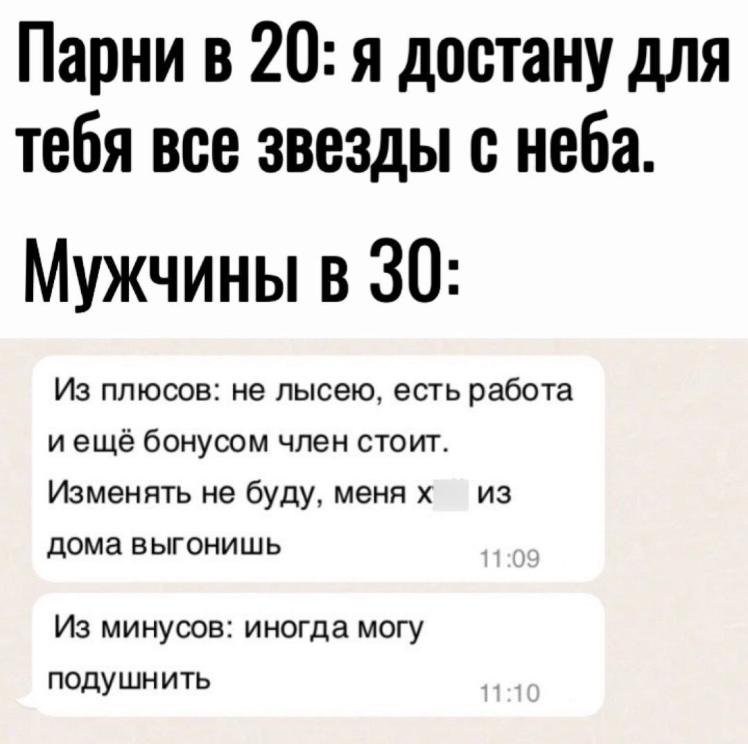 Парни в 20 я достану для тебя все звезды с неба Мужчины в 30 Из плюсов не лысею есть работа иещё бонусом член стоит Изменять не буду меня х из дома выгонишь Из минусов иногда могу подушнить