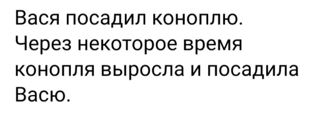 Вася посадил коноплю Через некоторое время конопля выросла и посадила Васю