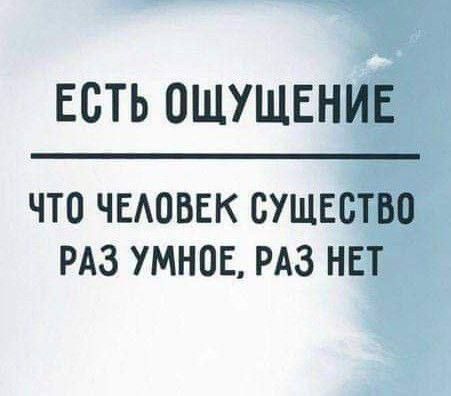 ЕСТЬ ОЩУЩЕНИЕ ЧТО ЧЕЛОВЕК СУЩЕСТВО РАЗ УМНОЕ РАЗ НЕТ