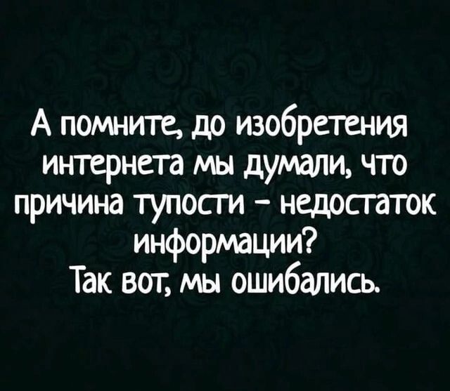 А помните до изобретения интернета мы думали что причина тупости недостаток информации Так вот мы ошибались