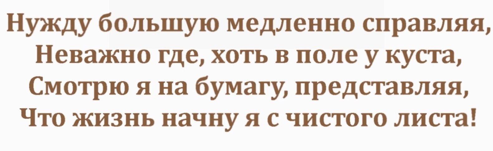 Нужду большую медленно справляя Неважно где хоть в поле у куста Смотрю я на бумагу представляя Что жизнь начну я с чистого листа