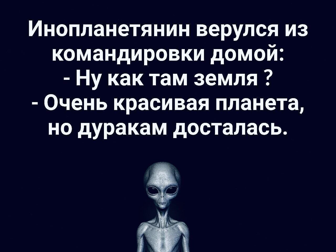 Инопланетянин верулся из командировки домой Ну как там земля Очень красивая планета но дуракам досталась