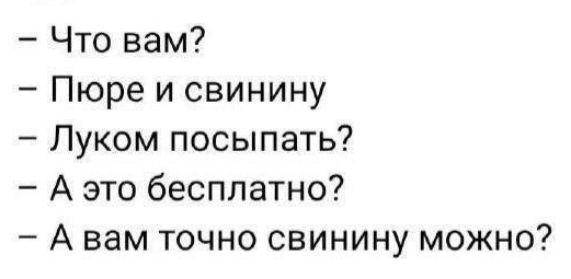 Что вам Пюре и свинину Луком посыпать А это бесплатно А вам точно свинину можно