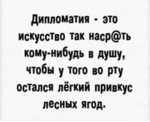 Дипломатия это искусство так насрть кому нибудь в душу чтобы у того во рту остался лёгкий привкус лёсных ягод