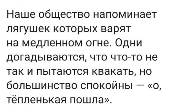 Наше общество напоминает лягушек которых варят на медленном огне Одни догадываются что что то не так и пытаются квакать но большинство спокойны тёпленькая пошла