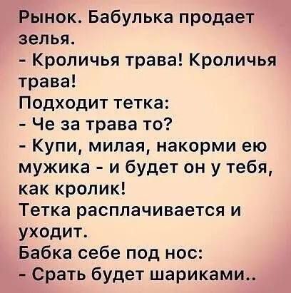 Рынок Бабулька продает зелья Кроличья трава Кроличья трава Подходит тетка Че за трава то Купи милая накорми ею мужика и будет он у тебя как кролик Тетка расплачивается и уходит Бабка себе под нос Срать будет шариками