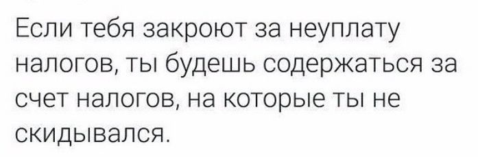 Если тебя закроют за неуплату налогов ты будешь содержаться за счет налогов на которые ты не скидывался