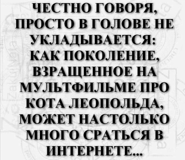 ЧЕСТНО ГОВОРЯ ПРОСТО В ГОЛОВЕ НЕ УКЛАДЫВАЕТСЯ КАК ПОКОЛЕНИЕ ВЗРАЩЕННОЕ НА МУЛЬТФИЛЬМЕ ПРО КОТА ЛЕОПОЛЬДА МОЖЕТ НАСТОЛЬКО МНОГО СРАТЬСЯ В ИНТЕРНЕТЕ