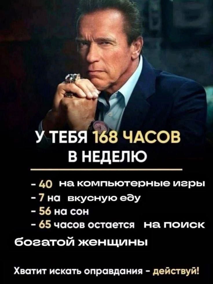 У ТЕБЯ 168 ЧАСОВ В НЕДЕЛЮ 40 на компьютерные игры 7 на вкусную еду 56 на сон 65 часов остается _ на поиск богатой женщины Хватит искать оправдания действуй