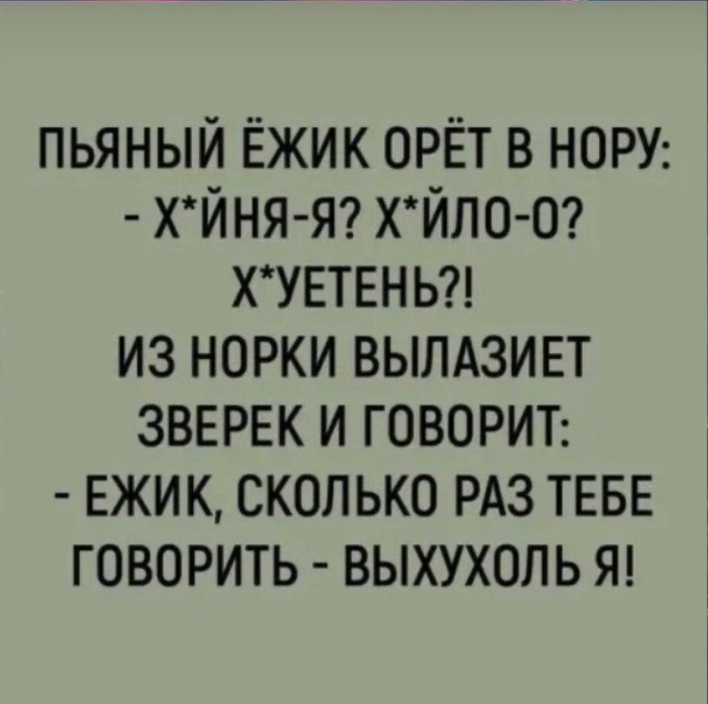 ПЬЯНЫЙ ЁЖИК ОРЁТ В НОРУ ХЙНЯ Я ХЙЛО 0 ХУЕТЕНЬ ИЗ НОРКИ ВЫЛАЗИЕТ ЗВЕРЕК И ГОВОРИТ ЕЖИК СКОЛЬКО РАЗ ТЕБЕ ГОВОРИТЬ ВЫХУХОЛЬ Я