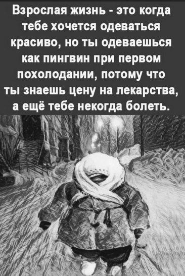 Взрослая жизнь это когда тебе хочется одеваться красиво но ты одеваешься как пингвин при первом похолодании потому что ты знаешь цену на лекарства а ещё тебе некогда болеть