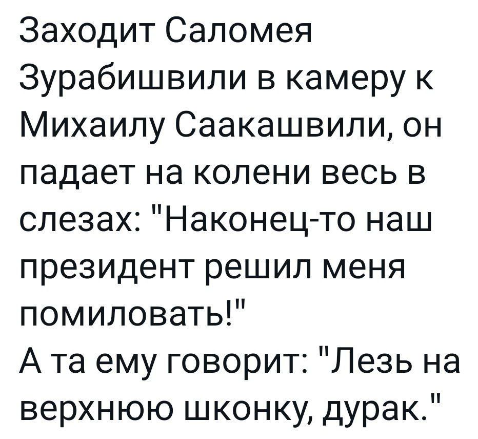 Заходит Саломея Зурабишвили в камеру к Михаилу Саакашвили он падает на колени весь в слезах Наконец то наш президент решил меня помиловать Ата ему говорит Лезь на верхнюю шконку дурак