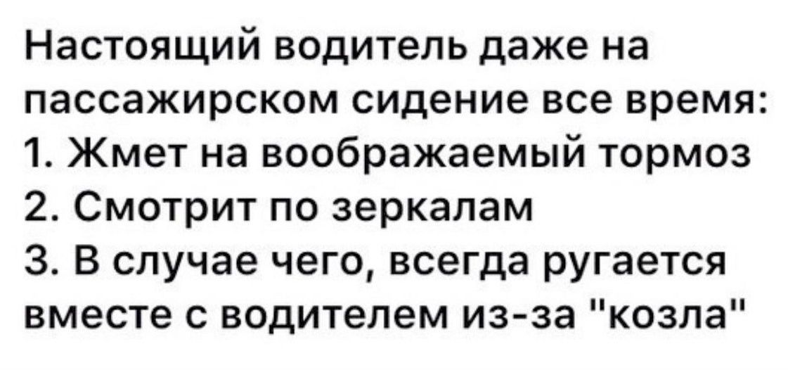 Настоящий водитель даже на пассажирском сидение все время 1 Жмет на воображаемый тормоз 2 Смотрит по зеркалам З В случае чего всегда ругается вместе с водителем из за козла