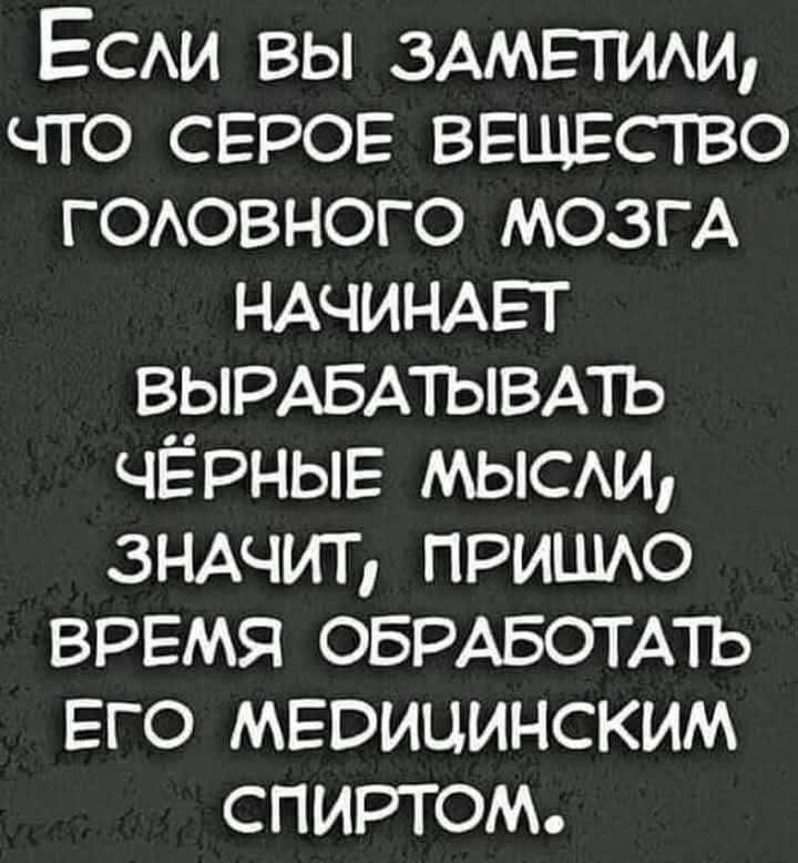 Если вы ЗАМЕТИЛИ ЧТО СЕРОЕ ВЕЩЕСТВО ГОЛОВНОГО МОЗГА НАЧИНАЕТ ВЫРАБАТЫВАТЬ ЧЁРНЫЕ МЫСЛИ ЗНАЧИТ ПРИШЛО ВРЕМЯ ОБРАБОТАТЬ ЕГО МЕРИЦИНСКИМ СПИРТОМ