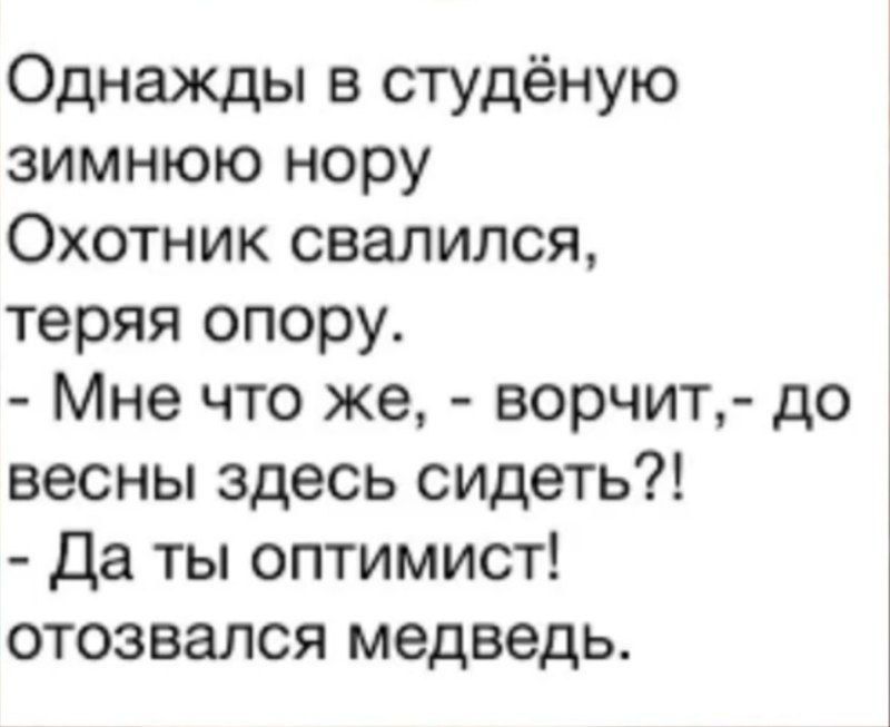 Однажды в студёную зимнюю нору Охотник свалился теряя опору Мне что же ворчит до весны здесь сидеть Да ты оптимист отозвался медведь